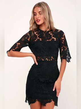 Lulu’s A Fine Romance Black Lace Sheath Dress floral mini